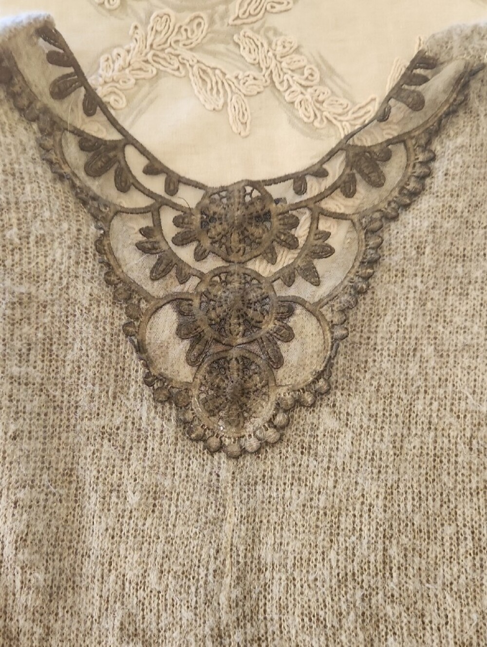 Tempo Paris Beige Open-Knit Scoop Neck Sweater with Lace Trim - Picture 5 of 5